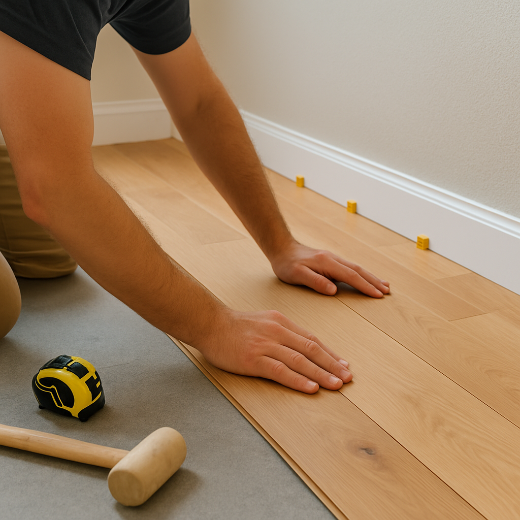 Professional flooring installer placing hardwood planks with measuring tools and spacers on a clean surface