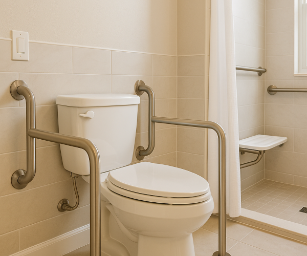 Modern accessible bathroom featuring grab bars and a raised toilet designed for seniors and special needs