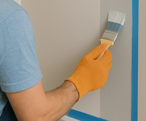 Professional painter applying fresh paint to an interior wall with detailed prep work, using painter's tape for clean lines